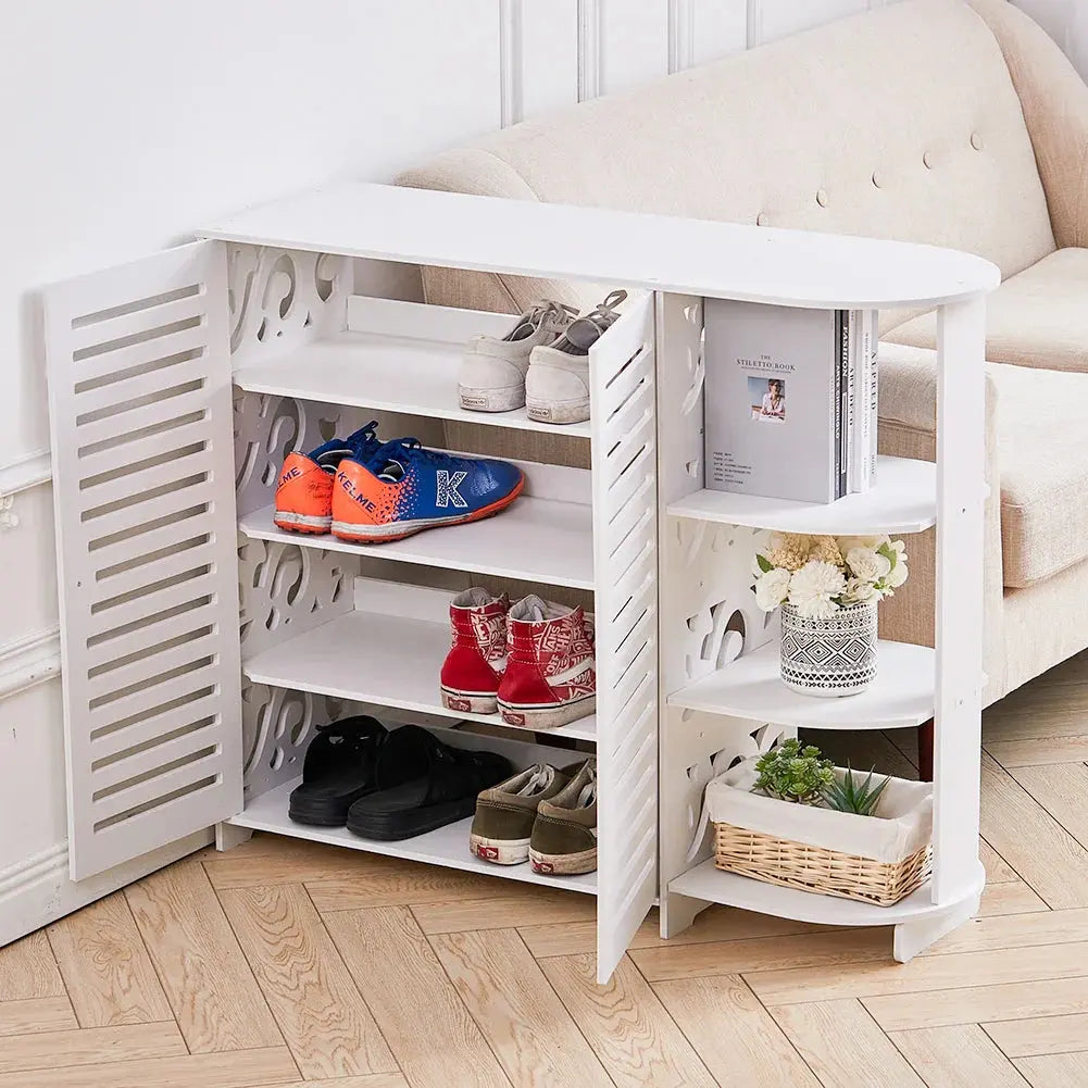 White 4-layer entryway shoe cabinet with double doors and open shelves, showing shoes, books, and decor.