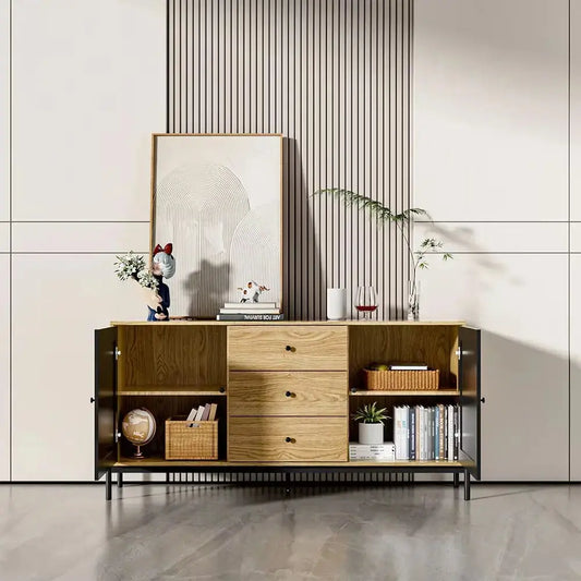 Brown Oak Storage Cabinet with black doors open, revealing shelves and three drawers, styled in a living room.