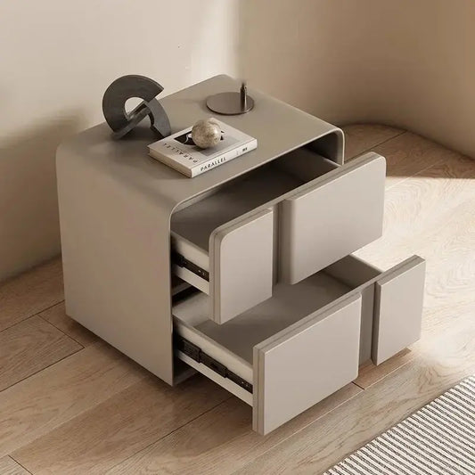 Modern grey double-layer bedside table with two open storage drawers, ideal for home furniture.