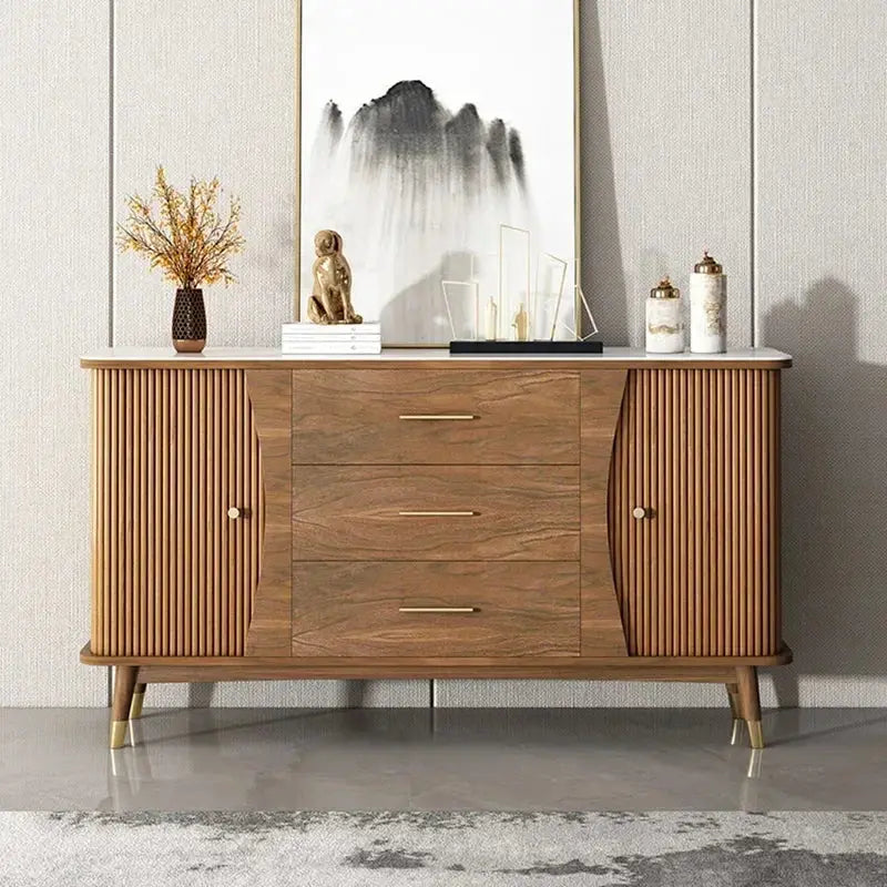 DUTRIEUX Modern Minimalist Wooden Showcase Cabinet with slate top, three drawers and fluted doors for storage