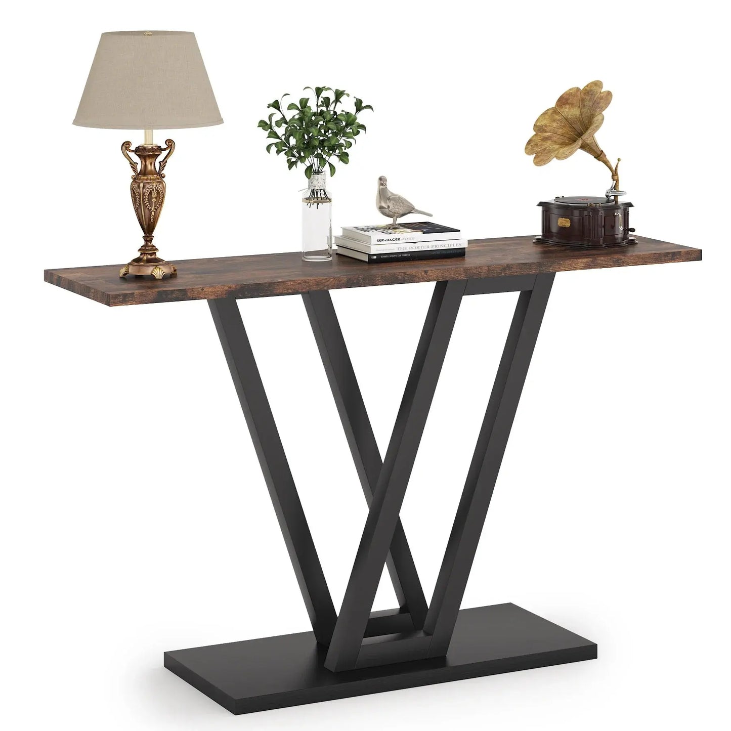 Tribesigns Industrial Console Table with dark wood top and black V-shaped metal base