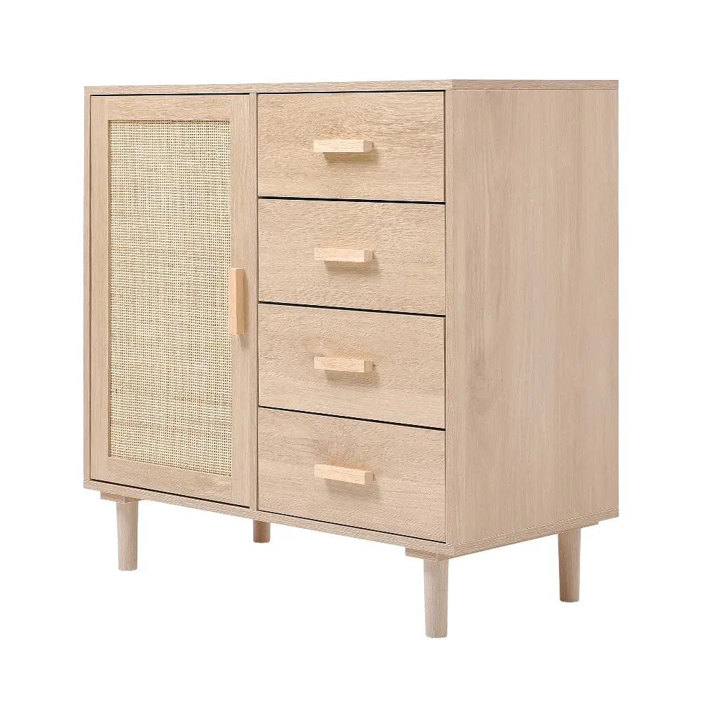 Wood and rattan accent side cabinet with four drawers and a door, ideal for storage in a modern living room.