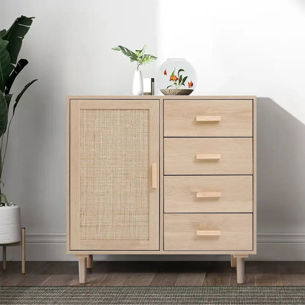 Wood and rattan accent side cabinet with four drawers and a door, ideal for living room storage.