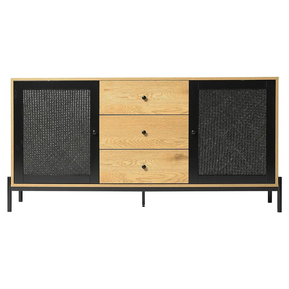 Brown Oak Storage Cabinet with black rattan doors and three central drawers on a white background