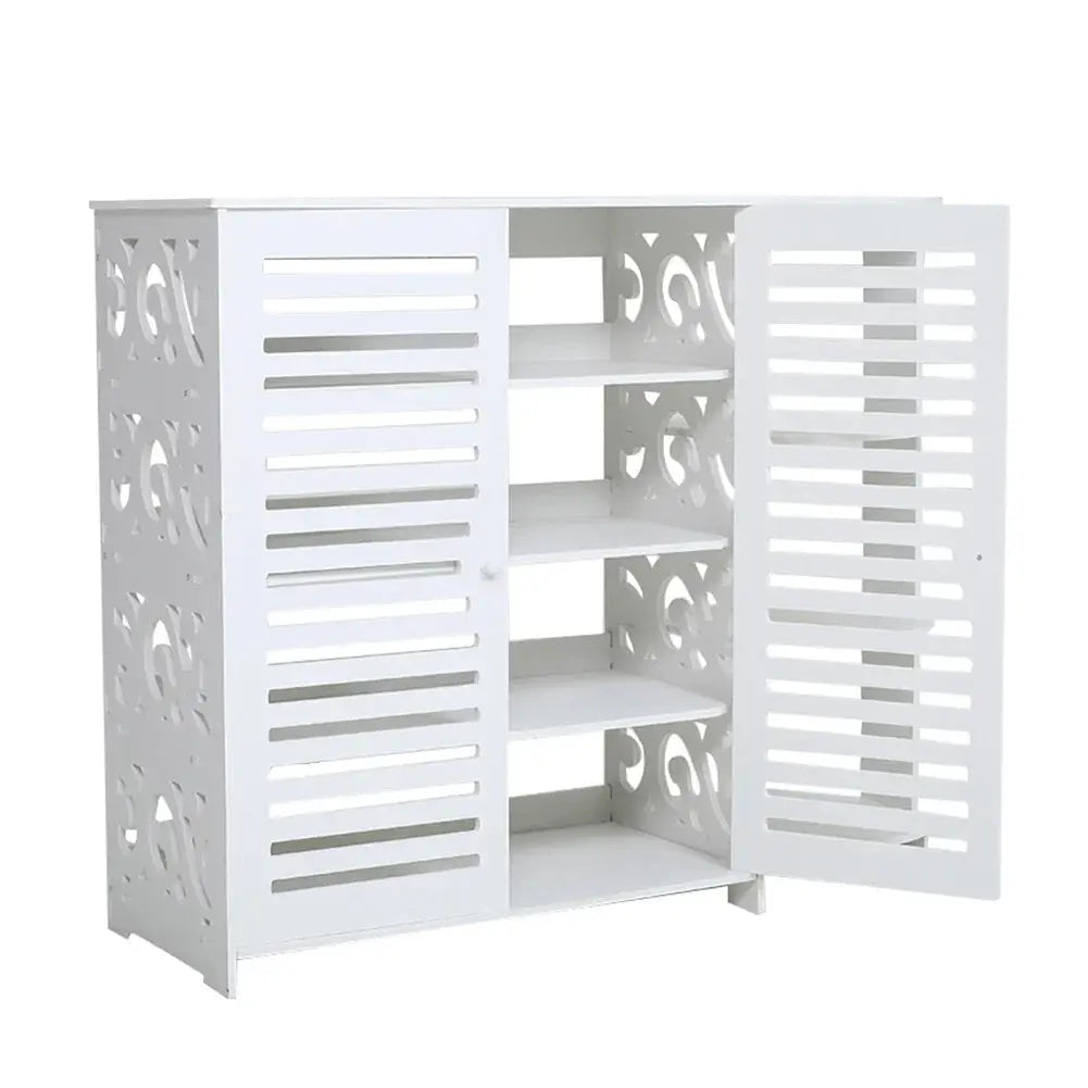 White 4-layer double door shoe cabinet with carved side patterns and slatted doors
