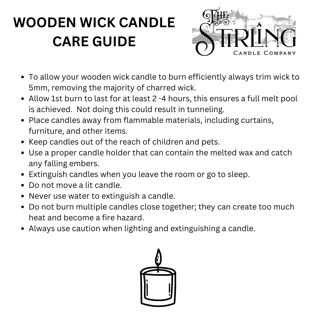 Wooden wick candle care guide with safety instructions from The Stirling Candle Company.