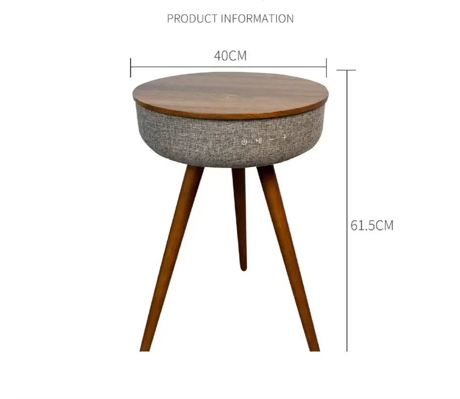 Round Smart Coffee Table with wood top, fabric speaker base, and wooden legs, on a white background with dimensions.