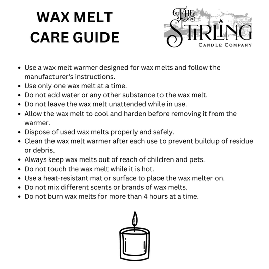 Wax Melt Care Guide with safety instructions for Cinnamon Bun wax melts, featuring the Stirling Candle Company logo.