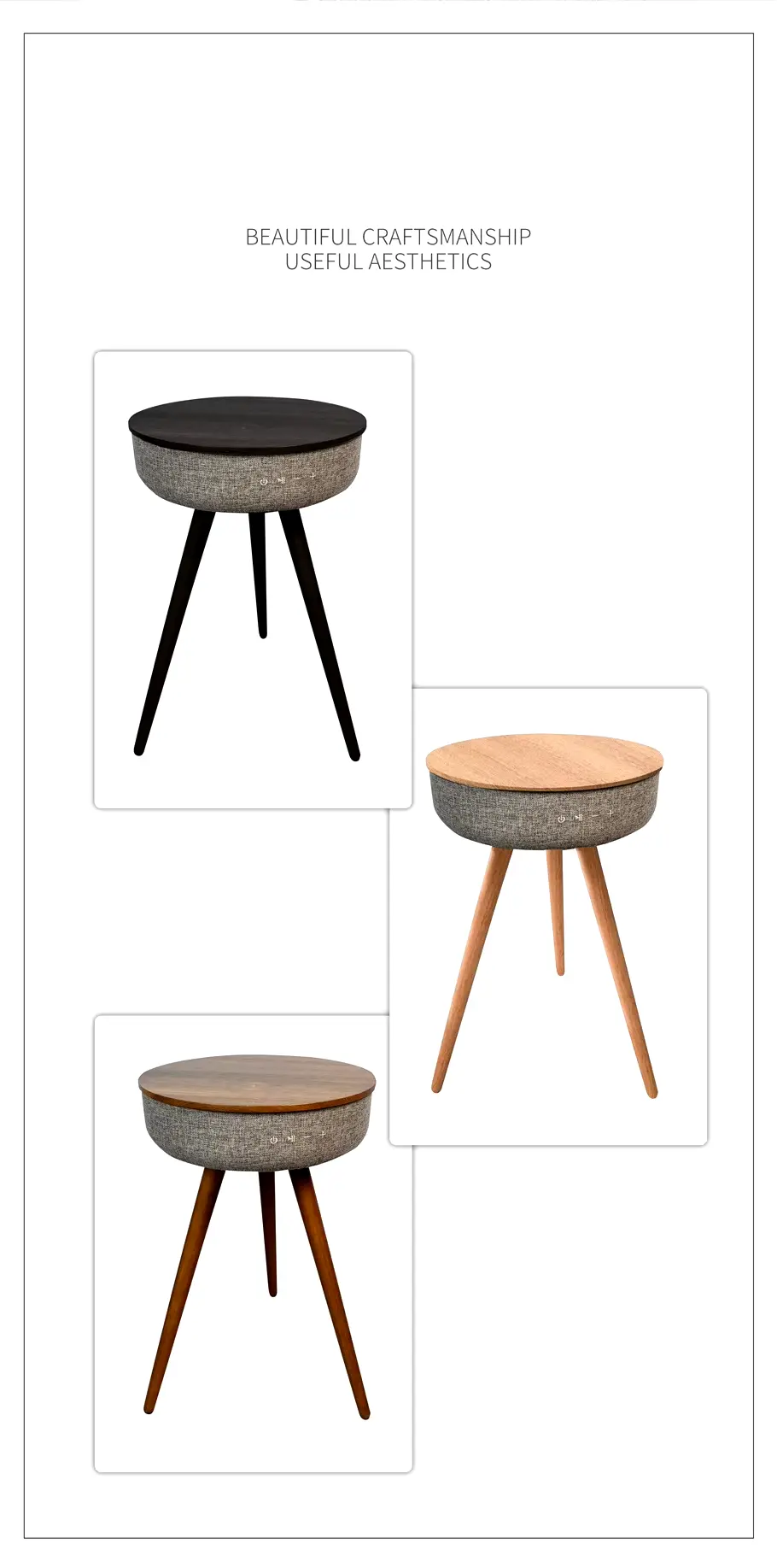 Round Smart Coffee Table with wood top options and fabric-covered base, showing integrated controls.