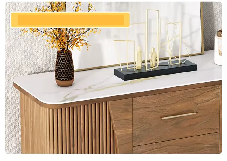 Close-up of DUTRIEUX Wooden Showcase Cabinet's slate finish top, fluted wood panel, and drawers