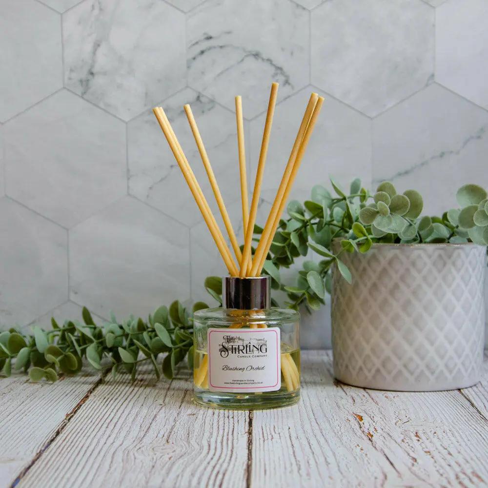 Blushing Orchid 100ml luxury reed diffuser by The Stirling Candle Company with reeds, plant, and tiled background