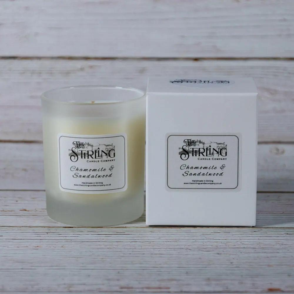 Chamomile & Sandalwood medium candle in frosted glass with white box, handmade in Stirling, Scotland