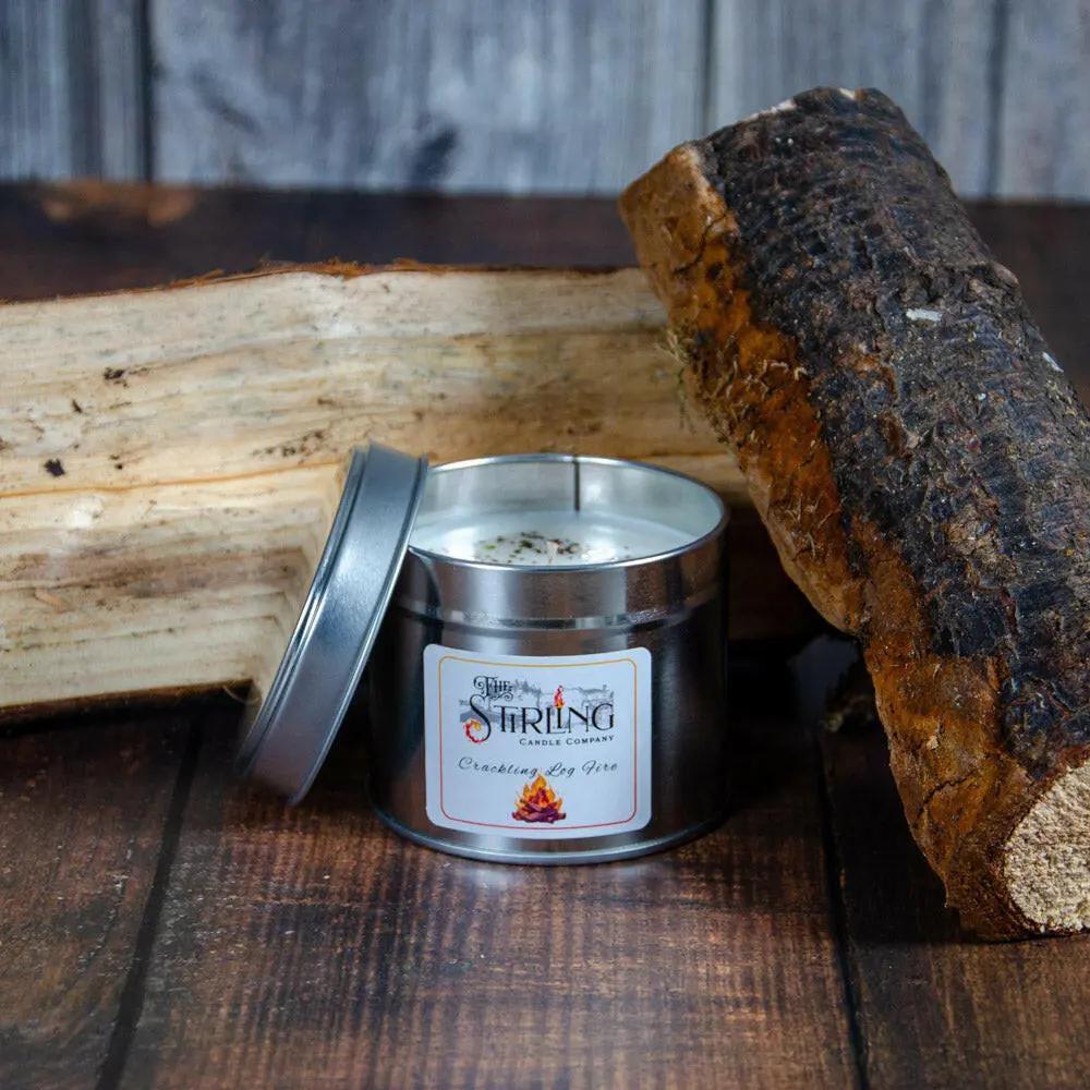 Crackling Log Fire Travel Tin Candle - Cotton Wick, 30hr Burn, Rapeseed & Coconut Wax, Hand Poured in Scotland The Stirling Candle Company