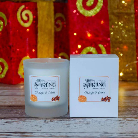 Orange & Clove medium candle and box, hand-poured in Stirling, Scotland, sustainable rapeseed and coconut wax.
