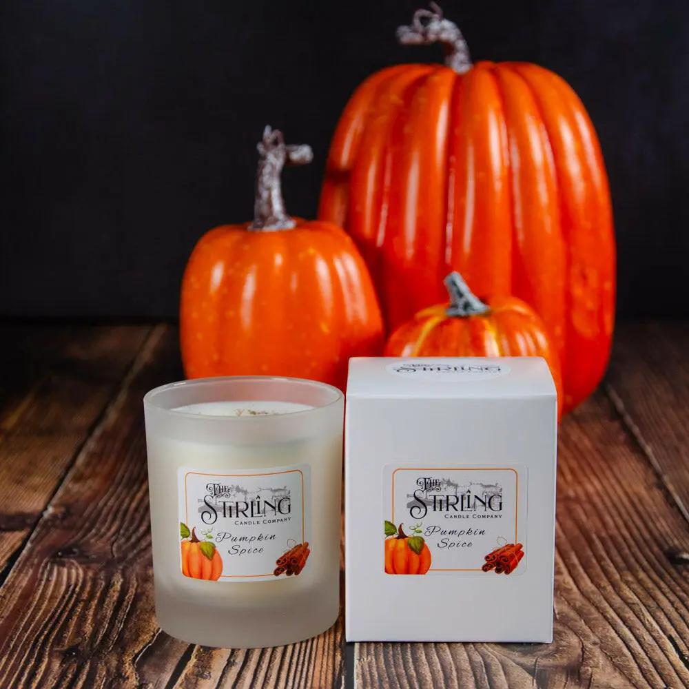 Pumpkin Spice medium candle with box, rapeseed coconut wax, handmade in Stirling, Scotland, with decorative pumpkins.