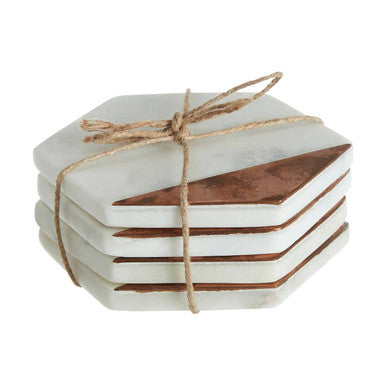 Monzaro Set Of 4 White Marble And Copper Inlay Coasters