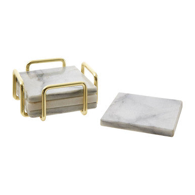 Delphine Set Of 4 White Marble Coasters With Brass Finish Holder