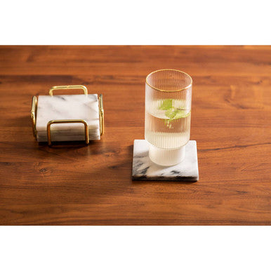 Delphine Set Of 4 White Marble Coasters With Brass Finish Holder
