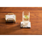 Delphine Set Of 4 White Marble Coasters With Brass Finish Holder