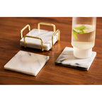 Delphine Set Of 4 White Marble Coasters With Brass Finish Holder