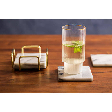 Delphine Set Of 4 White Marble Coasters With Brass Finish Holder