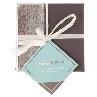 Geome Set Of 4 Leather Effect Grey And Silver Coasters