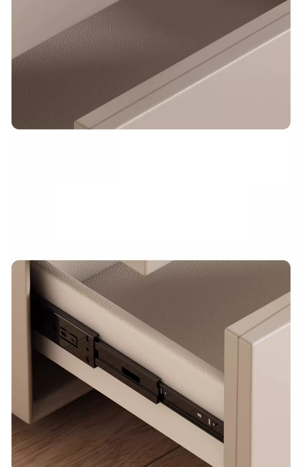 Close-up of Creative Double-layer Bedside Table drawer interior with metal runners & textured lining