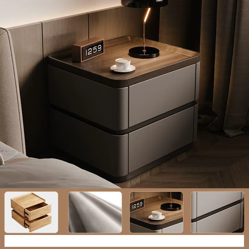 Minimalist Premium Bedside Cabinet with solid wood top, nappa leather drawers, and black lamp in a bedroom.