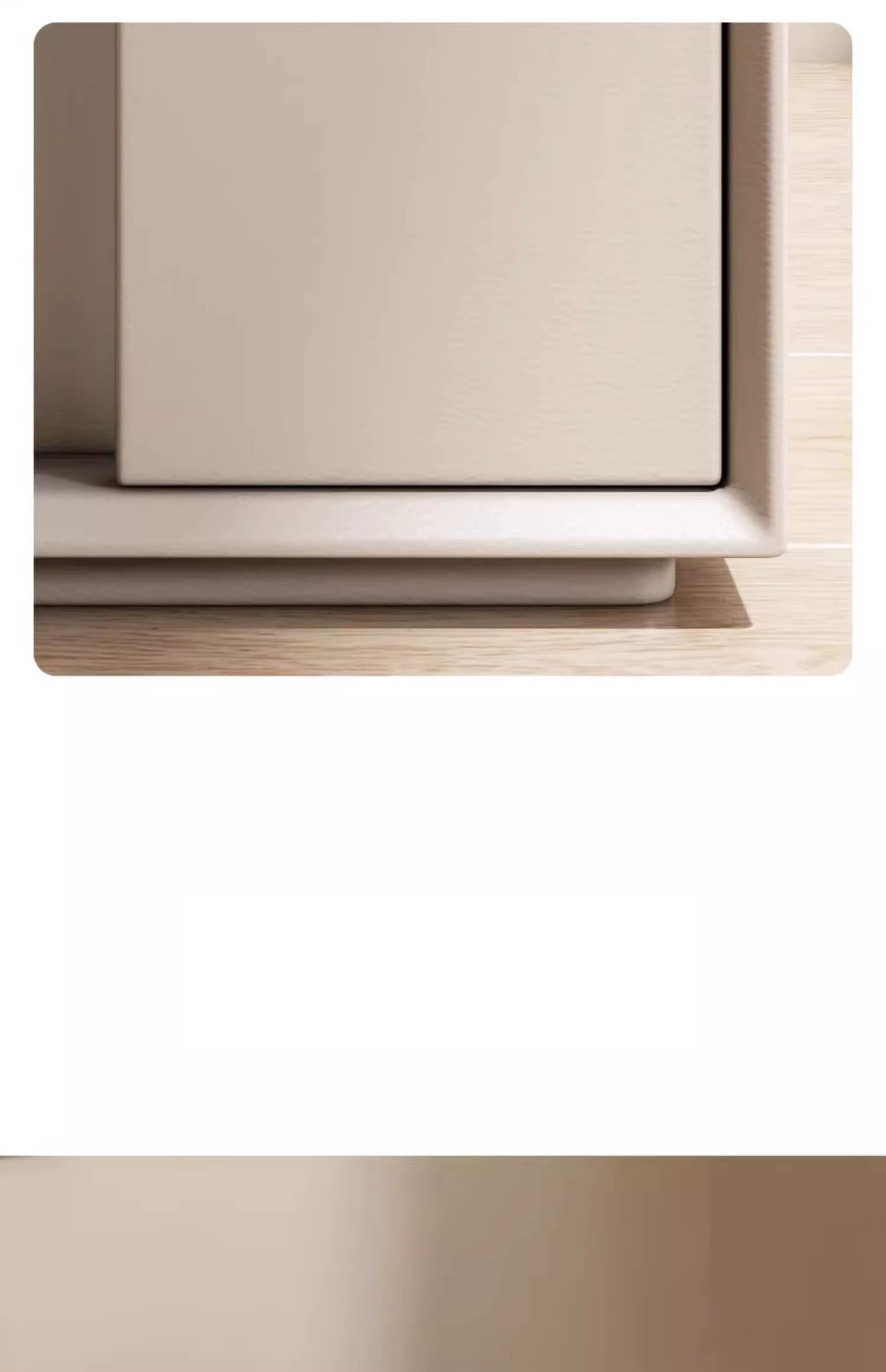 Close-up of a modern light-coloured double-layer storage bedside table made from solid pine wood.