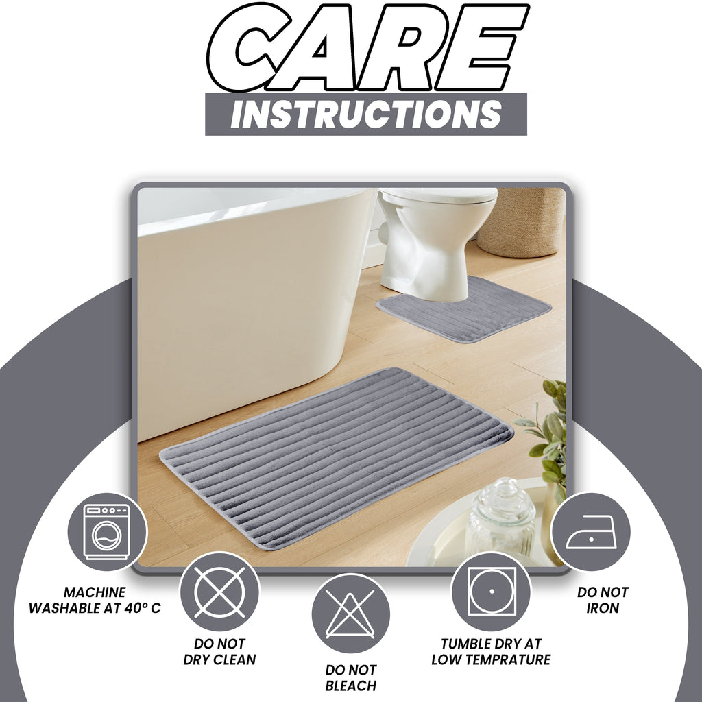 2 Piece Ribbed Bath Mat Set in Charcoal Extra Soft Non Slip Super Absorbent Bathroom & Toilet Mats Easy Care Rug by OLIVIA ROCCO