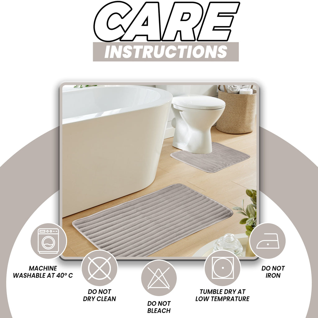 2 Piece Ribbed Bath Mat Set in Natural Extra Soft Non Slip Super Absorbent Bathroom & Toilet Mats Easy Care Rug by OLIVIA ROCCO