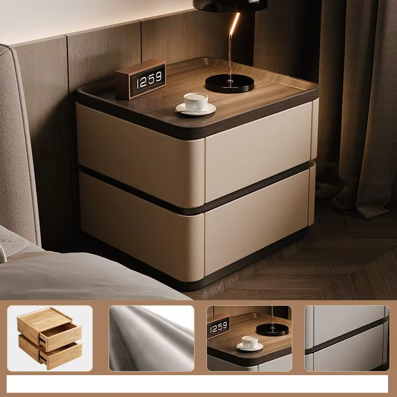 Minimalist Premium Bedside Cabinet with nappa leather drawers and wood grain top, featuring two drawers for storage