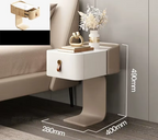 Modern Japanese nightstand with single drawer and leather pull, showing dimensions 490x400x280mm