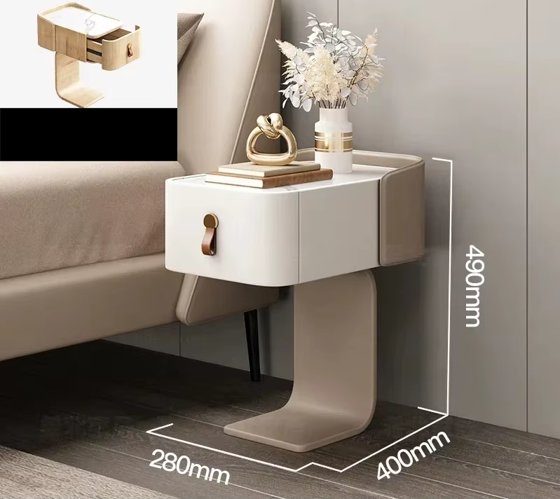 Modern Japanese nightstand with single drawer and leather pull, showing dimensions 490x400x280mm