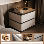 Minimalist bedside cabinet in white with solid wood top, nappa leather drawers, and two wooden drawers inside.