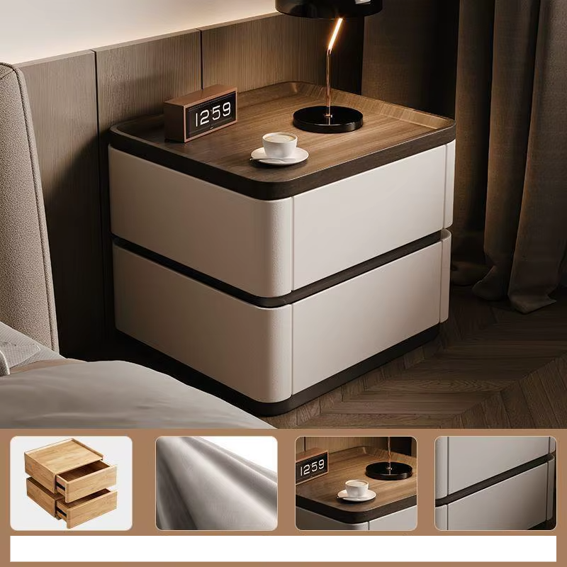 Minimalist bedside cabinet in white with solid wood top, nappa leather drawers, and two wooden drawers inside.