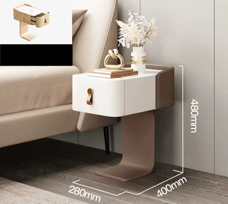 Modern Japanese nightstand in white and brown with a single drawer and dimensions shown in mm. Minimalist bedside table.