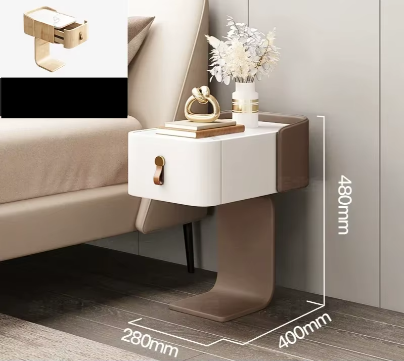 Japanese minimalist nightstand with white drawer, brown accents, and dimensions 480x400x280mm. Perfect for modern bedrooms.