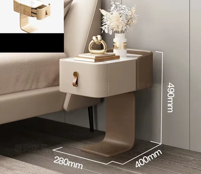 Japanese Nightstand, minimalist wood bedside table with drawer, marble top, 490x400x280mm dimensions.