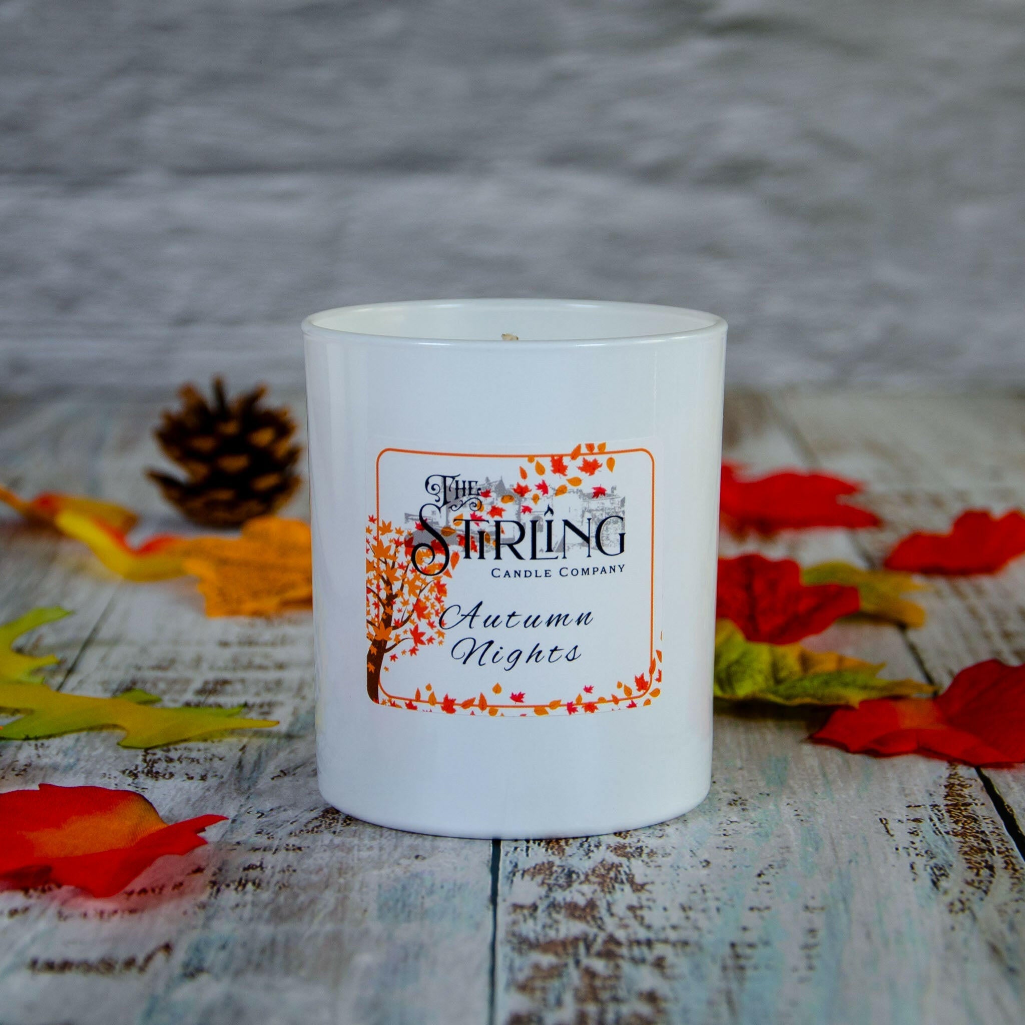 Autumn Nights large candle by The Stirling Candle Company with autumn leaves & pinecone on wooden background