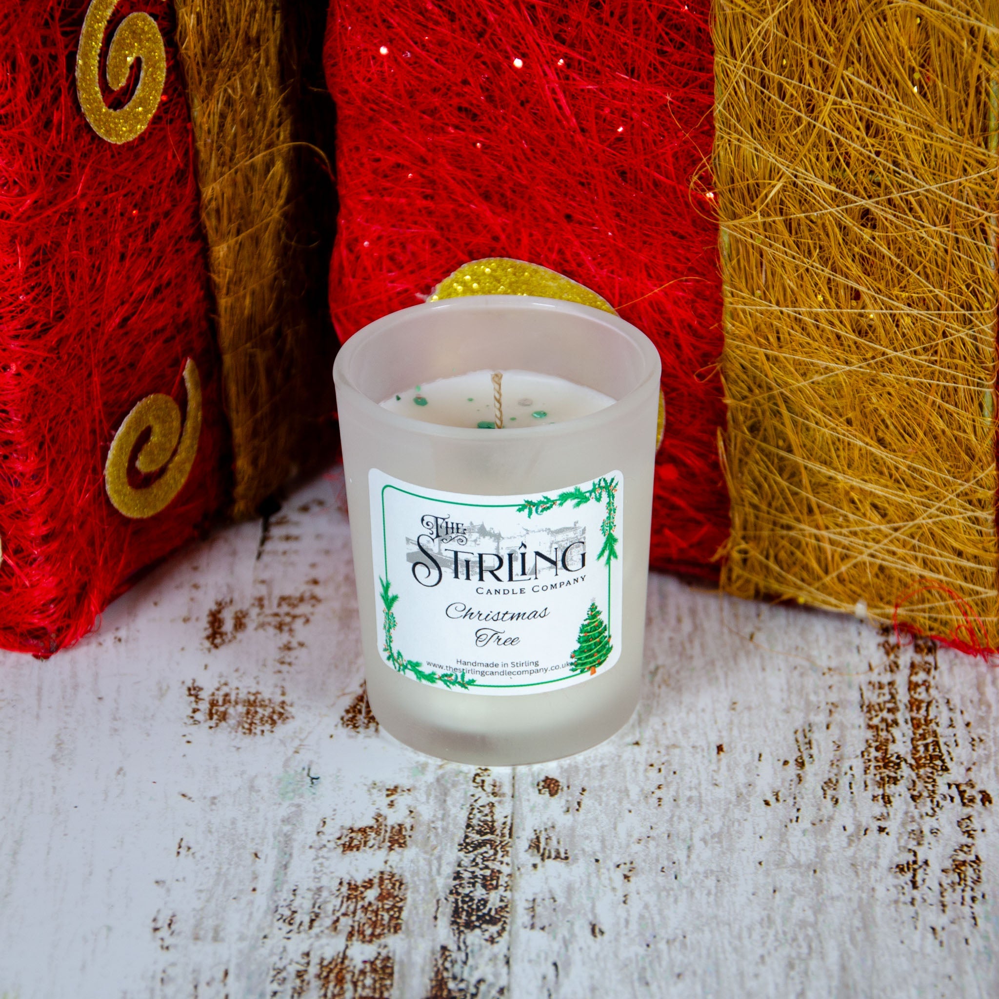 Christmas Tree scented small candle by The Stirling Candle Company, made with sustainable rapeseed and coconut wax.