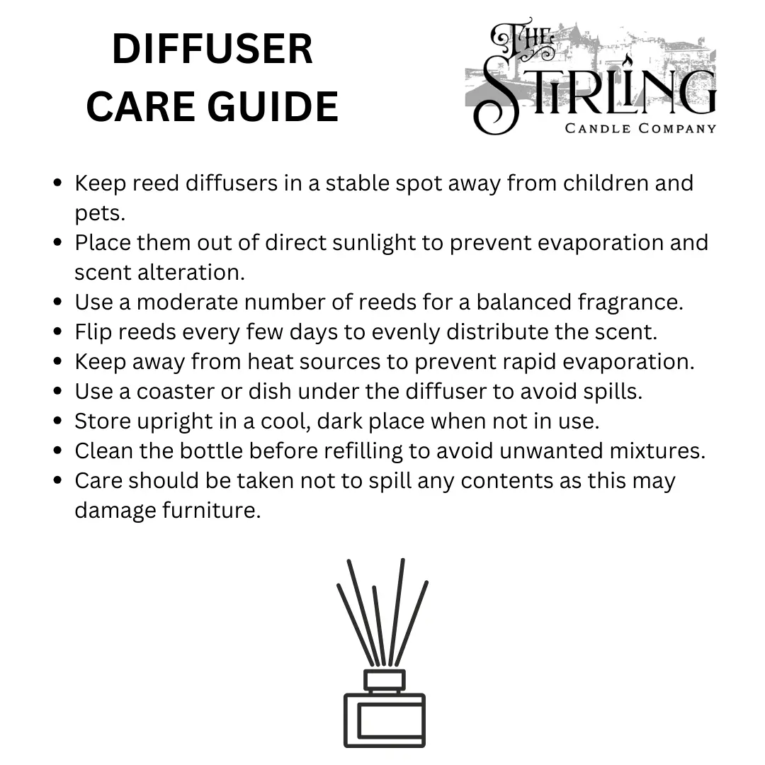 Diffuser Refill 100ml care guide from The Stirling Candle Company with instructions and tips