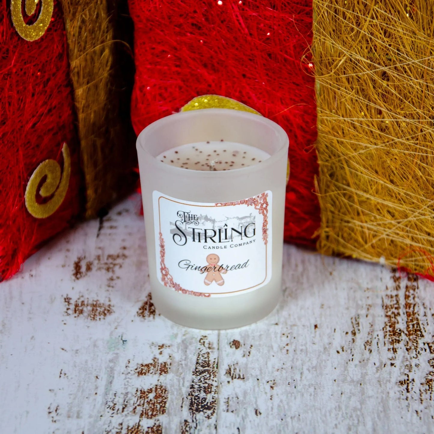 Gingerbread small candle by The Stirling Candle Company, hand poured, frosted glass, festive setting