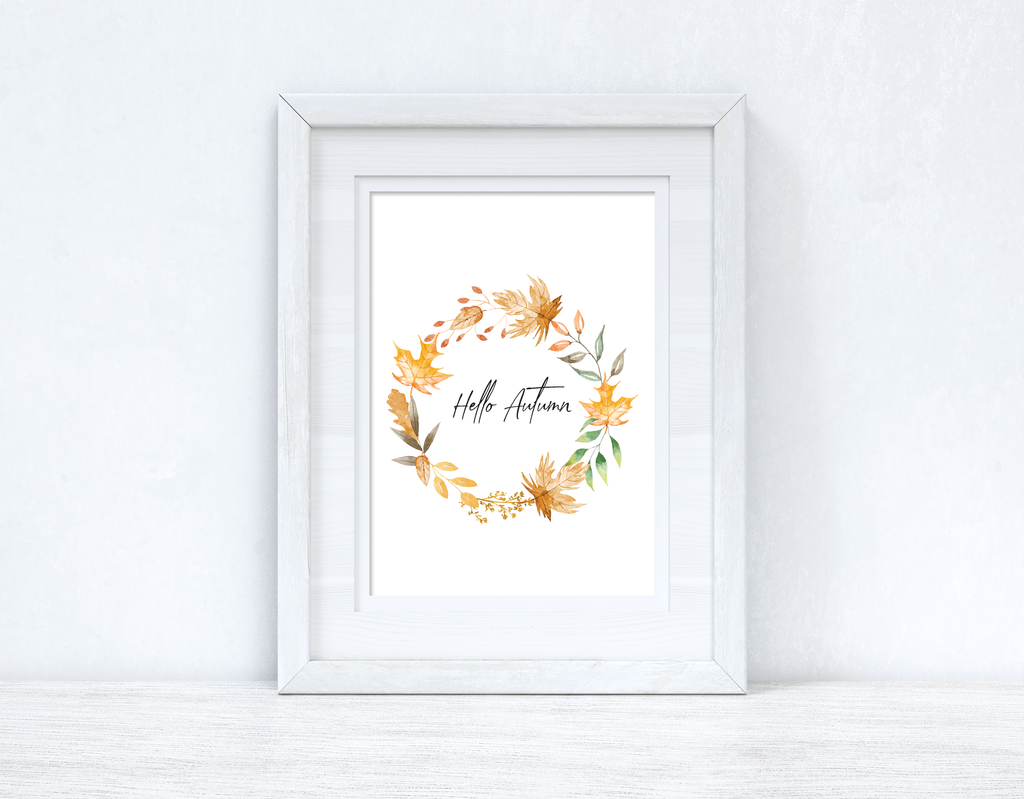 Hello Autumn Watercolour Leaf Wreath New Autumn Seasonal Wall Home Decor Print