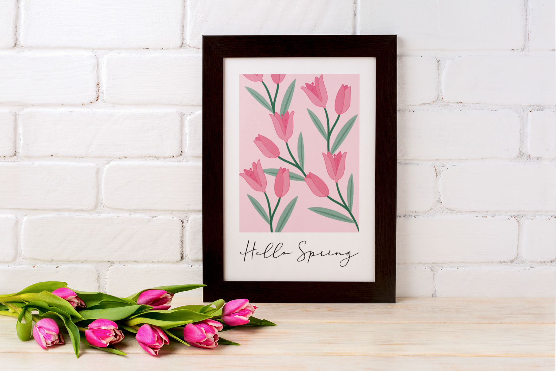 Hello Spring Tulips Pink Spring Easter Seasonal Wall Home Decor Print