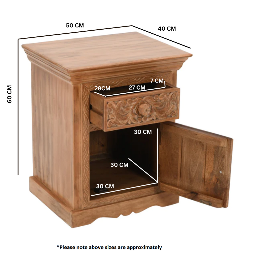 Carved Mango Wood Bedside Table With Storage