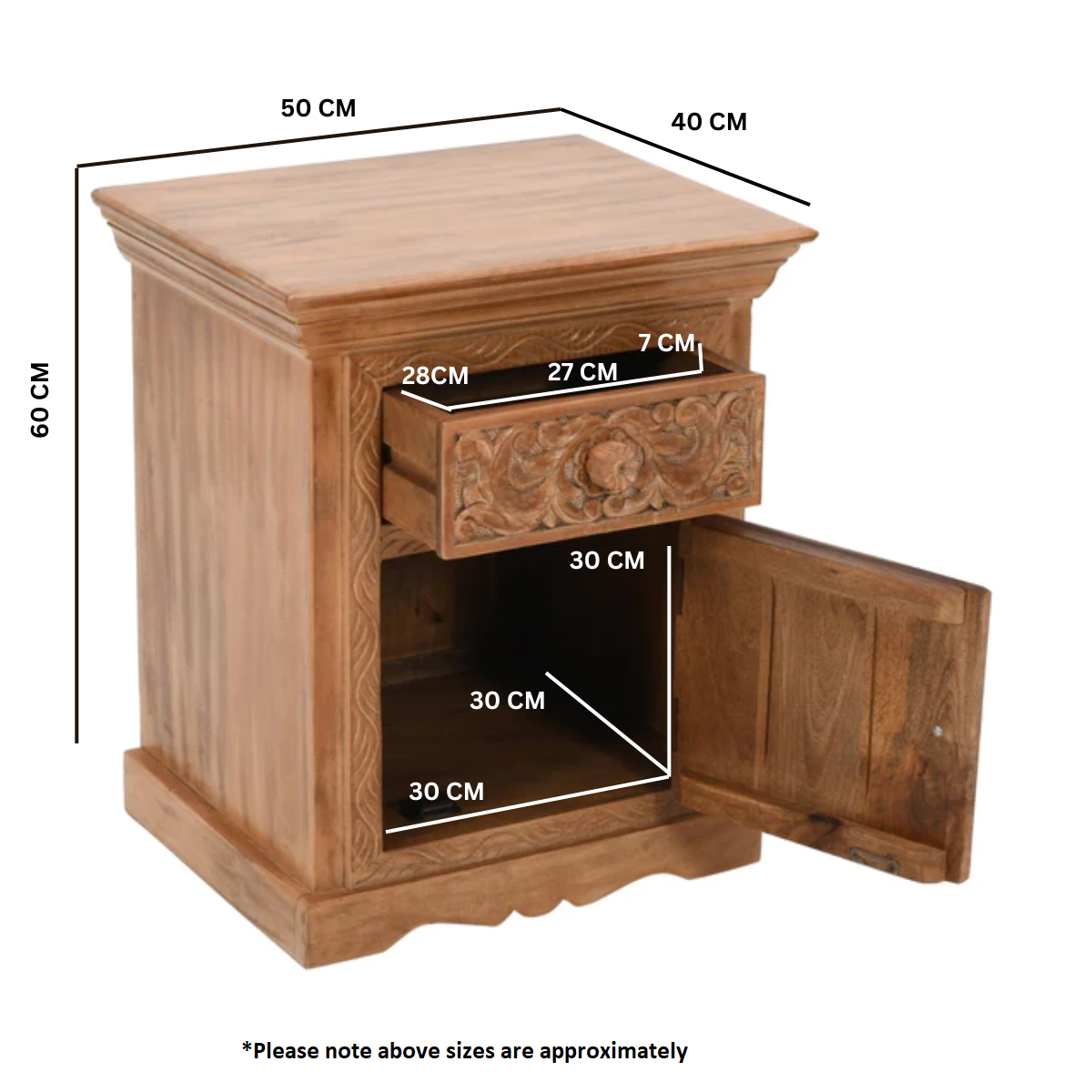 Carved Mango Wood Bedside Table With Storage
