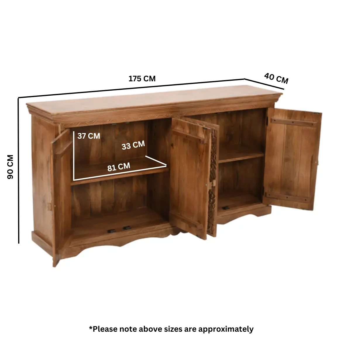 Carved Mango Wood Extra Large Sideboard with 4 Doors Verty Furniture