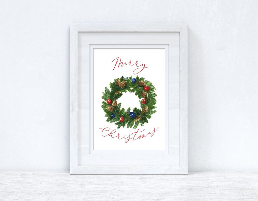 Merry Christmas Traditional Wreath Winter Christmas Seasonal Wall Home Decor Print