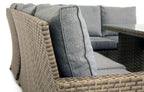 Close-up of Palma Grey Rattan Corner Sofa, showing grey woven texture and cushions. Part of the 9-seater garden dining set.